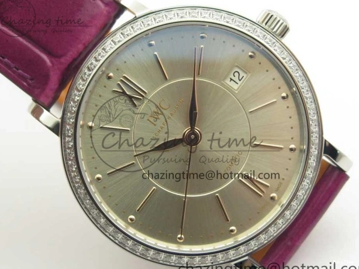 MIROTIME 0113 Portofino IW458101 Diamond Bezel SS MK 1:1 Best Edition Silver Dial On Purple Leather Strap MIYOTA Tailored 7166